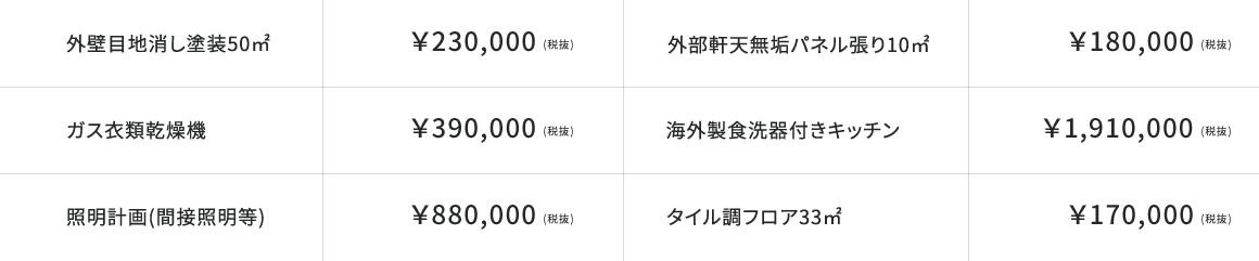 外壁目地消し塗装50㎡ ガス洗濯乾燥機 照明計画(間接照明等) 外部軒天無垢パネル張り10㎡ 海外製食洗器付きキッチン タイル調フロア33㎡
